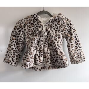 Mud Pie Girls Leopard Print Faux Fur Jacket Hooded Zip Up Size 4T 5T